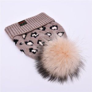 Noblag Unisex Beanies Wool Knitted Cheetah Print Raccoon Fur Pom